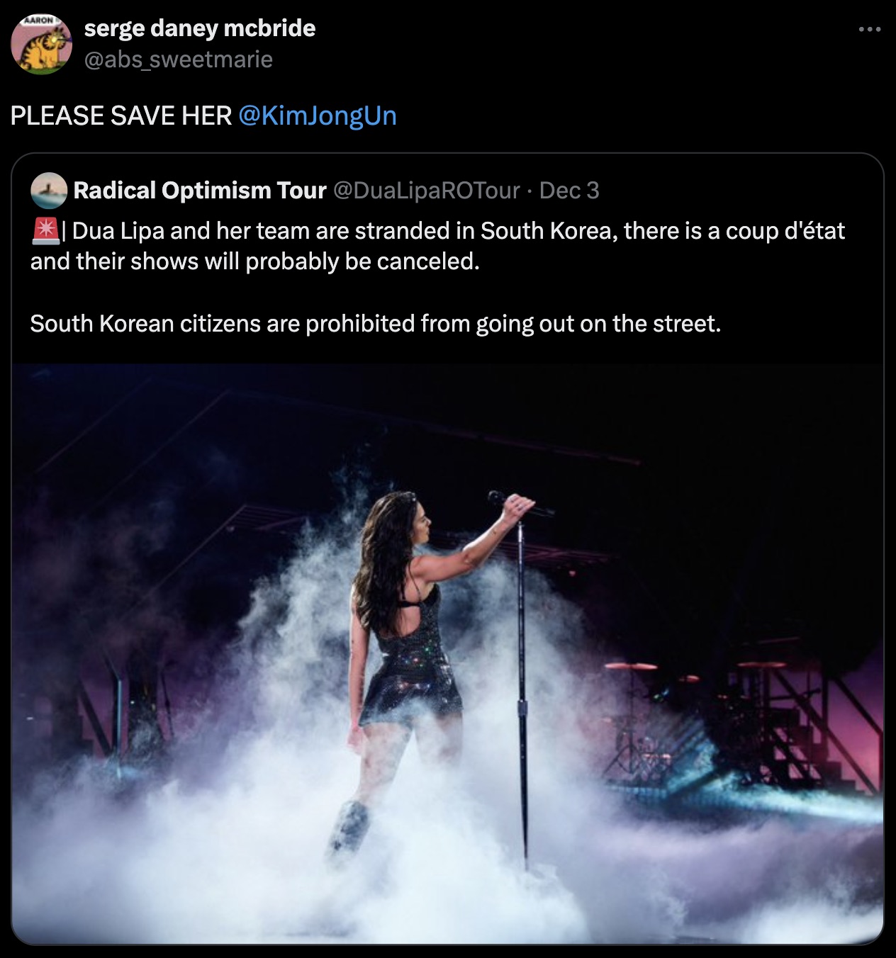 Dua Lipa - Aaron serge daney mcbride Please Save Her Un Radical Optimism Tour Lipa ROTour Dec 3 Dua Lipa and her team are stranded in South Korea, there is a coup d'tat and their shows will probably be canceled. South Korean citizens are prohibited from g